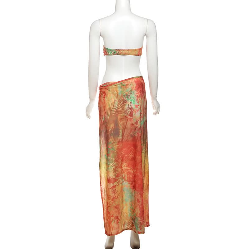 Vibrant Tropical Print Bandeau & High-Slit Maxi Skirt Set – Your Chic Fall Getaway Essential