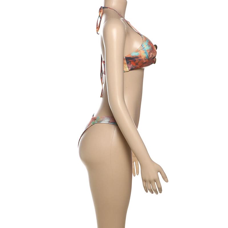 Artisan Beaded Halter Bikini: Abstract Print Swimwear for Your Winter Sun Escape