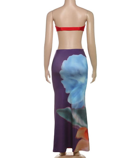Vibrant Bloom Strapless Crop Top & Ruched Maxi Skirt Set - Your Fall Getaway Essential