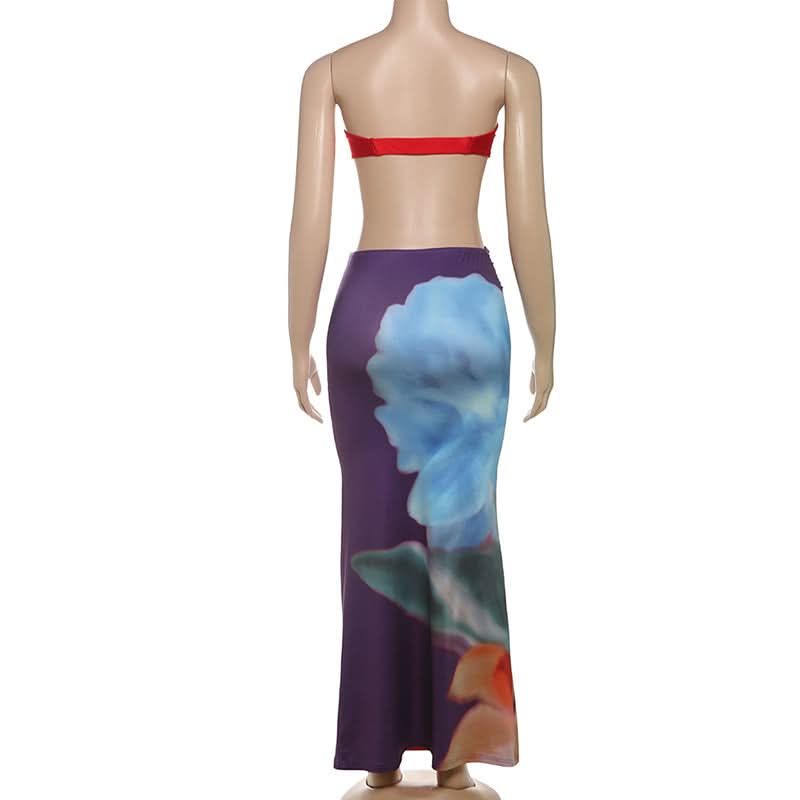 Vibrant Bloom Strapless Crop Top & Ruched Maxi Skirt Set - Your Fall Getaway Essential