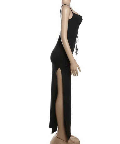 Glamorous Black Fringe Maxi Dress - Dazzling Bodycon Gown for Holiday Parties & New Year's Eve