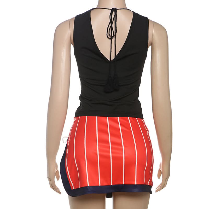 Game Day Ready: Varsity Striped Mini Skirt & Ruched V-Neck Top Two-Piece Set