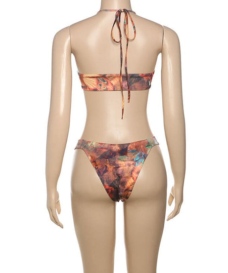 Artisan Beaded Halter Bikini: Abstract Print Swimwear for Your Winter Sun Escape