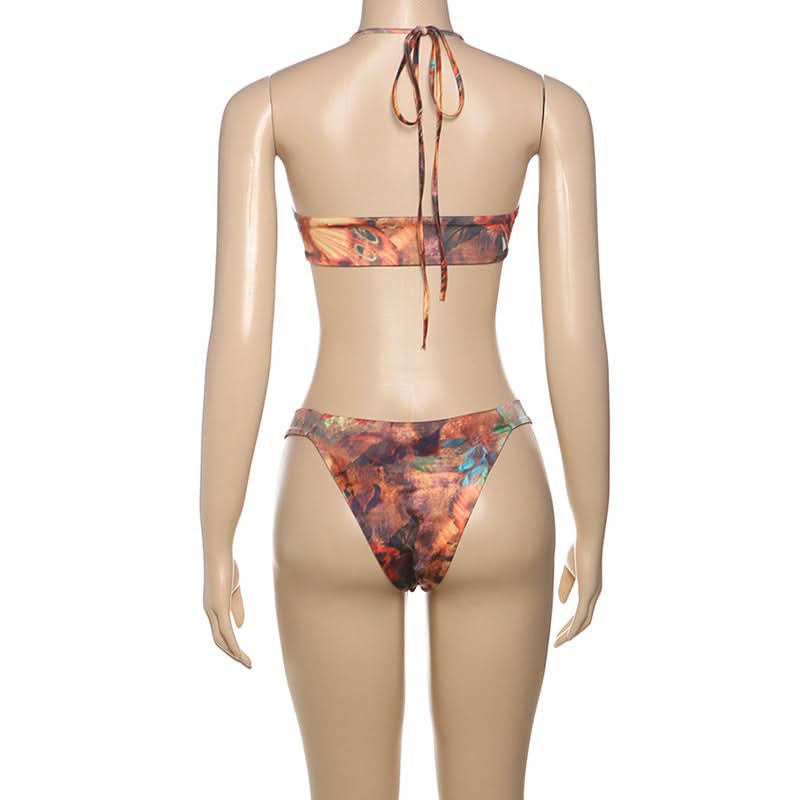 Artisan Beaded Halter Bikini: Abstract Print Swimwear for Your Winter Sun Escape