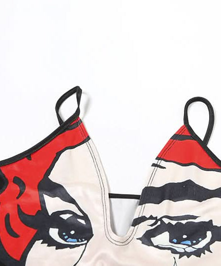 Iconic Pop Art 'Crying Face' V-Neck Bodysuit - Your Edgy Fall Fashion Statement