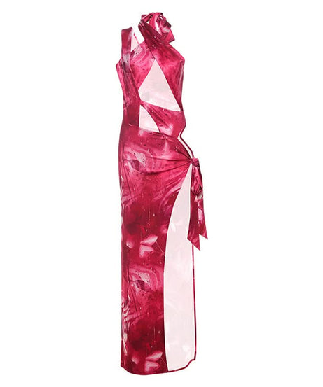 Fuchsia Fantasy: Abstract Print Halter Cut-Out Maxi Dress with High Slit – Perfect for Fall Getaways & Holiday Glam