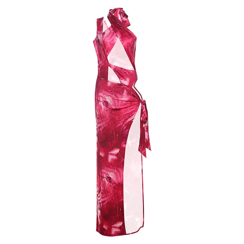 Fuchsia Fantasy: Abstract Print Halter Cut-Out Maxi Dress with High Slit – Perfect for Fall Getaways & Holiday Glam