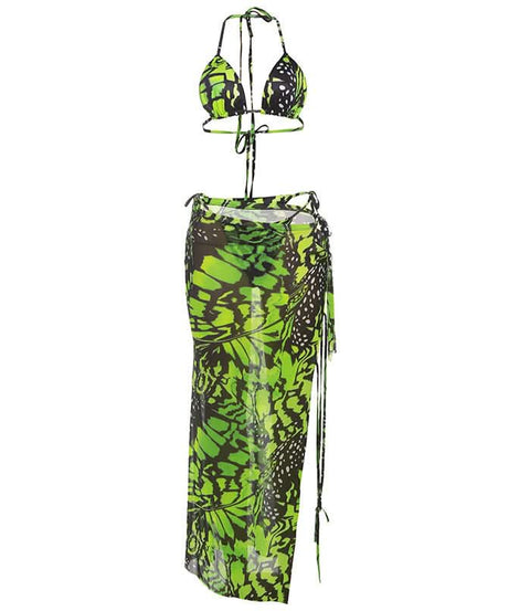 Vibrant Neon Green Butterfly Halter Top & Sheer Maxi Skirt Set - Your Must-Have Winter Escape Look!