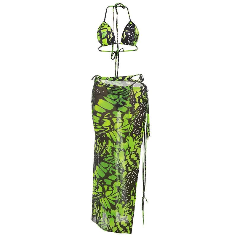 Vibrant Neon Green Butterfly Halter Top & Sheer Maxi Skirt Set - Your Must-Have Winter Escape Look!