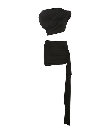 Sultry Black Ruched One-Shoulder Crop Top & Mini Skirt Set with Tie Detail - Fall Night Out & Holiday Party Ready