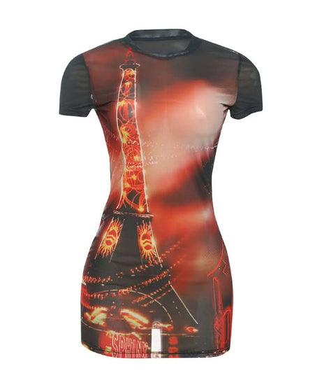 Parisian Nights Eiffel Tower Mesh Mini Dress - Bodycon Club & Autumn Party Wear