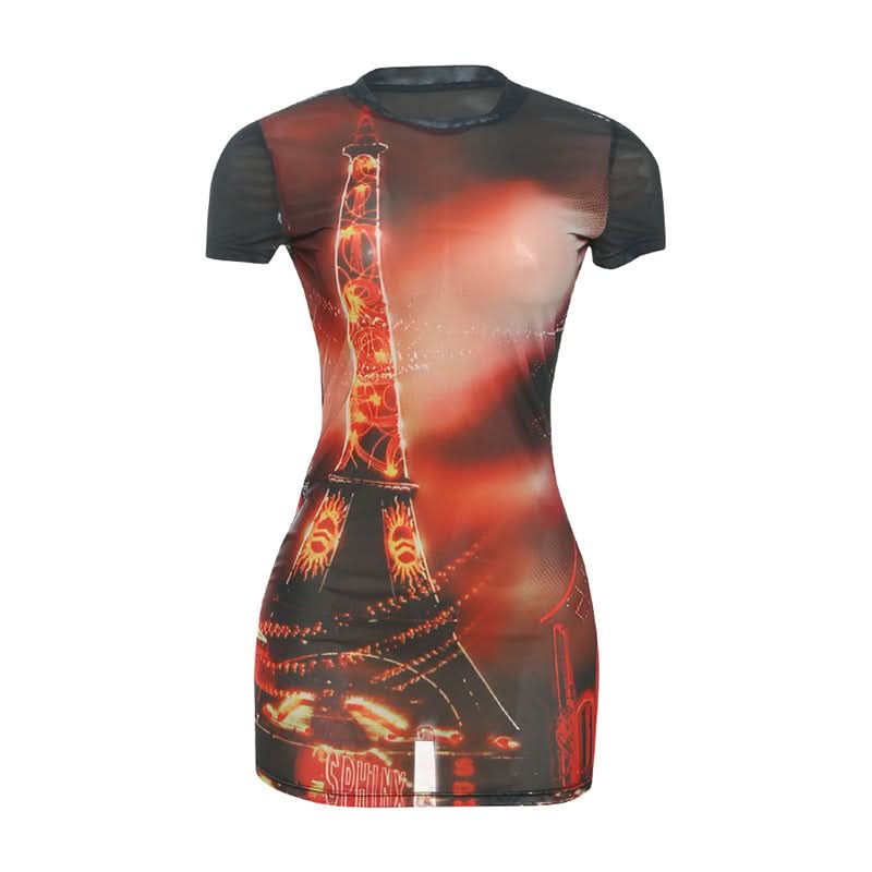 Parisian Nights Eiffel Tower Mesh Mini Dress - Bodycon Club & Autumn Party Wear