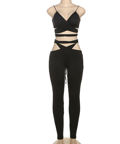 Edgy Black Cut-Out Two-Piece Set: Strappy Crop Top & Self-Tie Leggings for Fall Nights