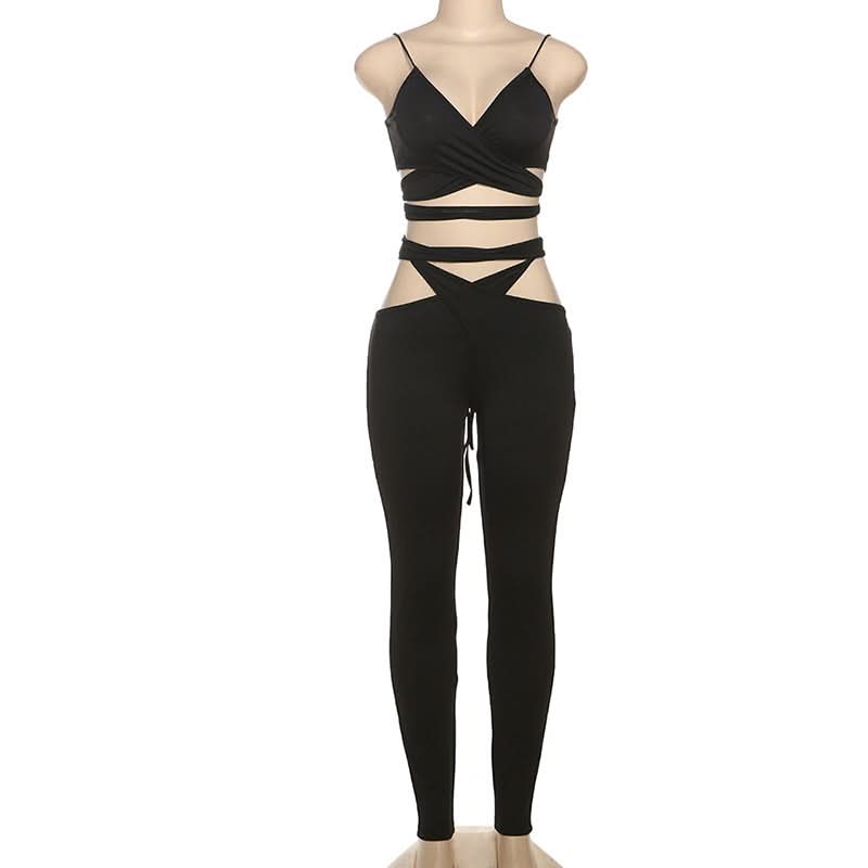 Edgy Black Cut-Out Two-Piece Set: Strappy Crop Top & Self-Tie Leggings for Fall Nights