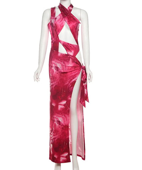 Fuchsia Fantasy: Abstract Print Halter Cut-Out Maxi Dress with High Slit – Perfect for Fall Getaways & Holiday Glam