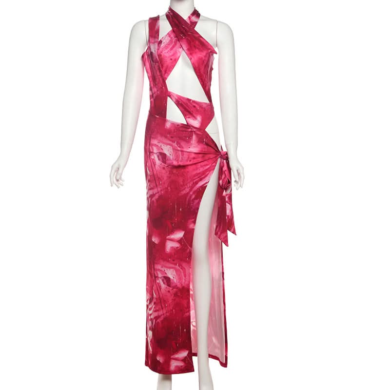 Fuchsia Fantasy: Abstract Print Halter Cut-Out Maxi Dress with High Slit – Perfect for Fall Getaways & Holiday Glam