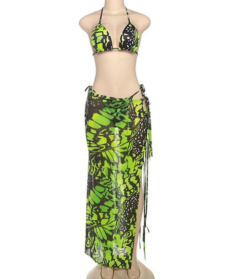Vibrant Neon Green Butterfly Halter Top & Sheer Maxi Skirt Set - Your Must-Have Winter Escape Look!