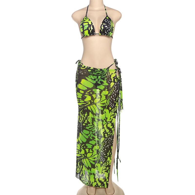 Vibrant Neon Green Butterfly Halter Top & Sheer Maxi Skirt Set - Your Must-Have Winter Escape Look!