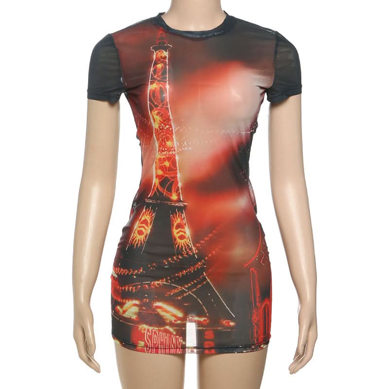 Parisian Nights Eiffel Tower Mesh Mini Dress - Bodycon Club & Autumn Party Wear
