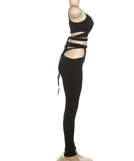 Edgy Black Cut-Out Two-Piece Set: Strappy Crop Top & Self-Tie Leggings for Fall Nights