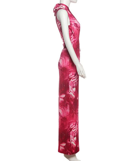Fuchsia Fantasy: Abstract Print Halter Cut-Out Maxi Dress with High Slit – Perfect for Fall Getaways & Holiday Glam