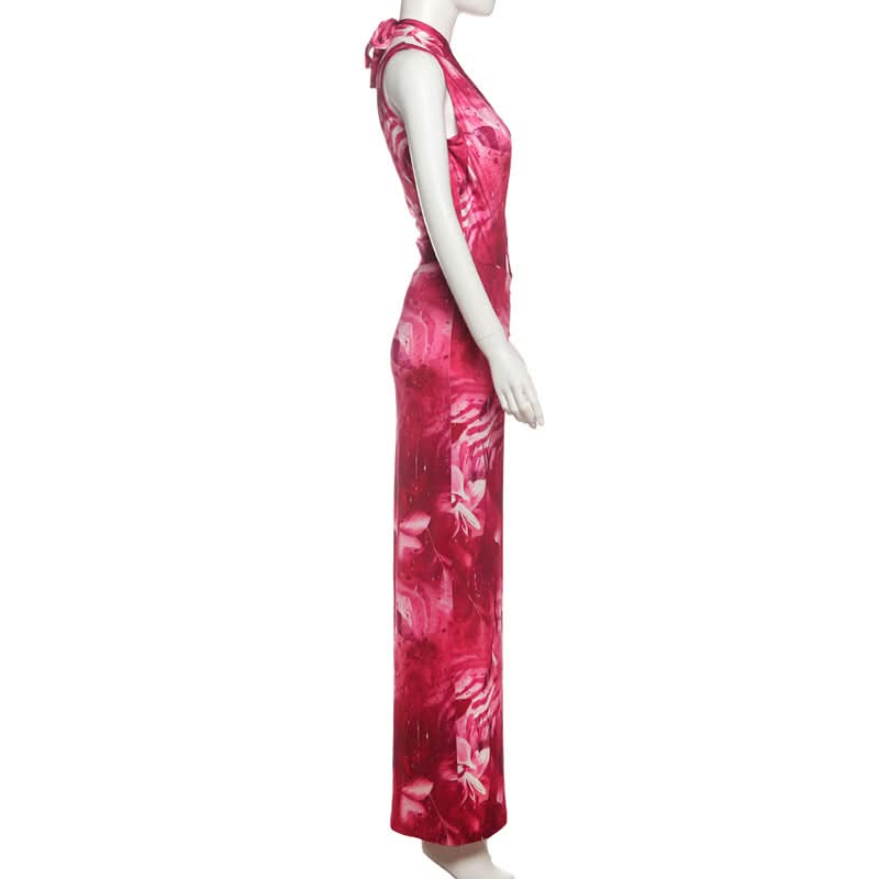 Fuchsia Fantasy: Abstract Print Halter Cut-Out Maxi Dress with High Slit – Perfect for Fall Getaways & Holiday Glam