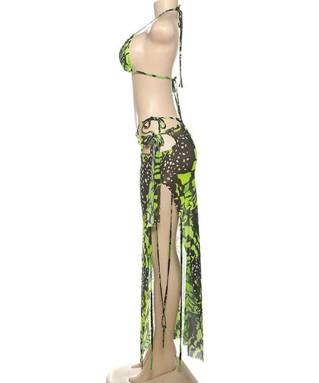 Vibrant Neon Green Butterfly Halter Top & Sheer Maxi Skirt Set - Your Must-Have Winter Escape Look!