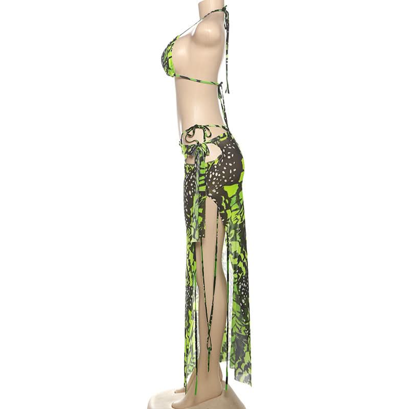 Vibrant Neon Green Butterfly Halter Top & Sheer Maxi Skirt Set - Your Must-Have Winter Escape Look!