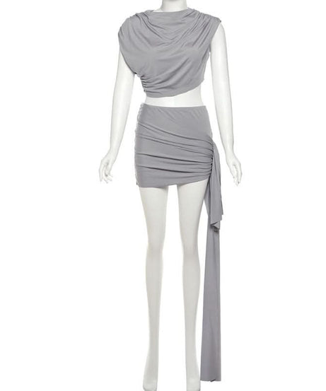 Sultry Black Ruched One-Shoulder Crop Top & Mini Skirt Set with Tie Detail - Fall Night Out & Holiday Party Ready