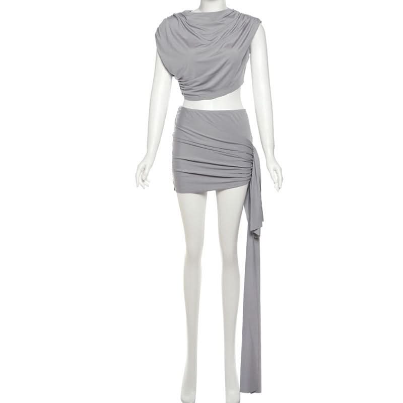 Sultry Black Ruched One-Shoulder Crop Top & Mini Skirt Set with Tie Detail - Fall Night Out & Holiday Party Ready