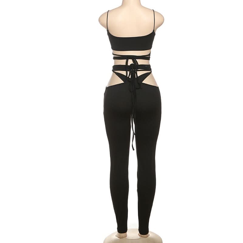Edgy Black Cut-Out Two-Piece Set: Strappy Crop Top & Self-Tie Leggings for Fall Nights
