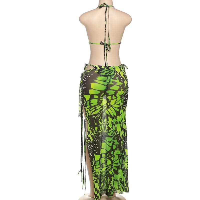 Vibrant Neon Green Butterfly Halter Top & Sheer Maxi Skirt Set - Your Must-Have Winter Escape Look!
