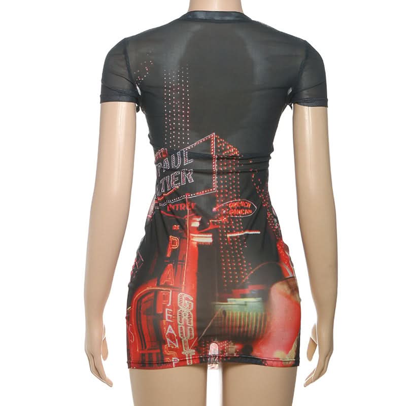 Parisian Nights Eiffel Tower Mesh Mini Dress - Bodycon Club & Autumn Party Wear