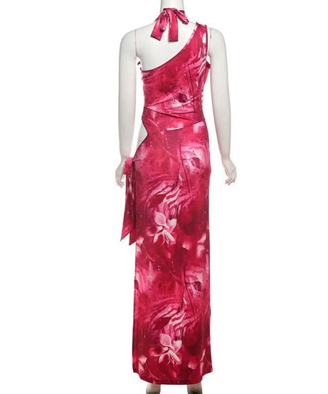 Fuchsia Fantasy: Abstract Print Halter Cut-Out Maxi Dress with High Slit – Perfect for Fall Getaways & Holiday Glam