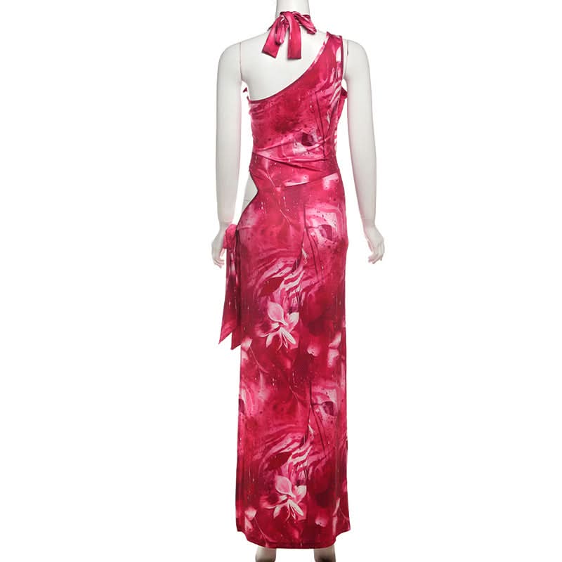 Fuchsia Fantasy: Abstract Print Halter Cut-Out Maxi Dress with High Slit – Perfect for Fall Getaways & Holiday Glam
