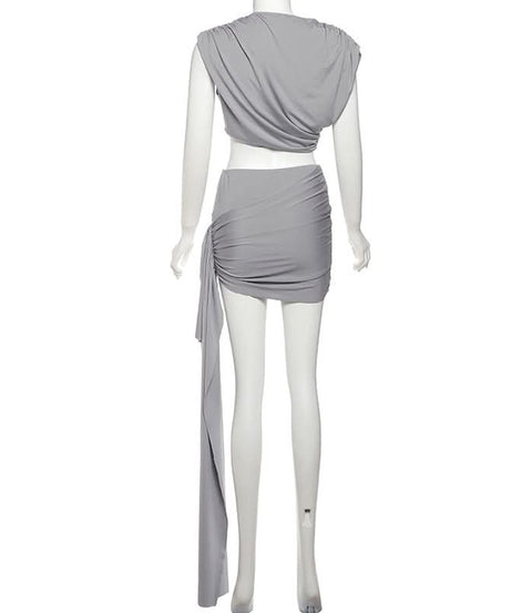 Sultry Black Ruched One-Shoulder Crop Top & Mini Skirt Set with Tie Detail - Fall Night Out & Holiday Party Ready