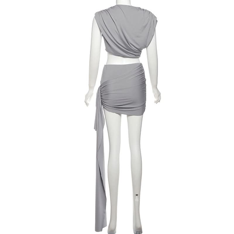 Sultry Black Ruched One-Shoulder Crop Top & Mini Skirt Set with Tie Detail - Fall Night Out & Holiday Party Ready