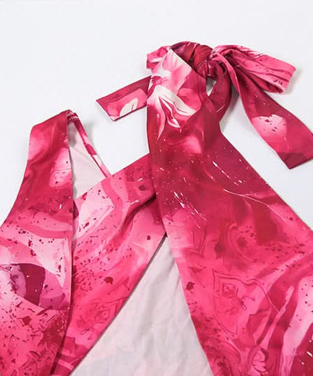 Fuchsia Fantasy: Abstract Print Halter Cut-Out Maxi Dress with High Slit – Perfect for Fall Getaways & Holiday Glam