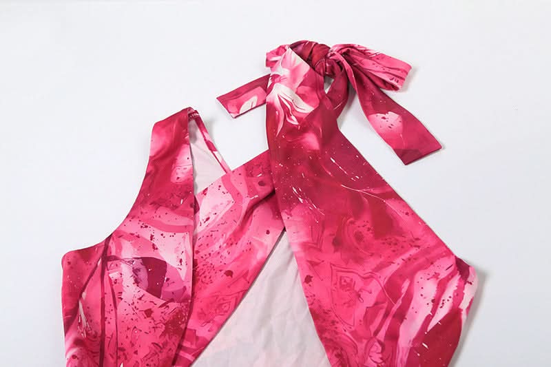 Fuchsia Fantasy: Abstract Print Halter Cut-Out Maxi Dress with High Slit – Perfect for Fall Getaways & Holiday Glam