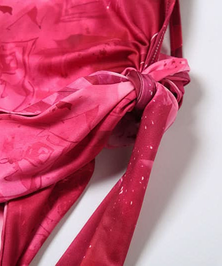 Fuchsia Fantasy: Abstract Print Halter Cut-Out Maxi Dress with High Slit – Perfect for Fall Getaways & Holiday Glam