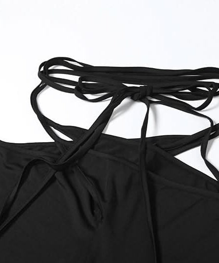 Edgy Black Cut-Out Two-Piece Set: Strappy Crop Top & Self-Tie Leggings for Fall Nights