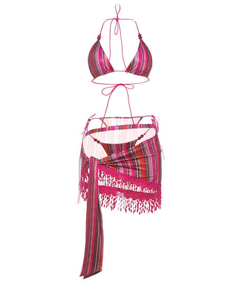 Escape The Cold: Chic Magenta Stripe 3-Piece Halter Bikini & Tassel Sarong Set