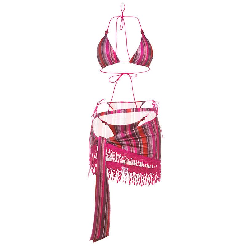 Escape The Cold: Chic Magenta Stripe 3-Piece Halter Bikini & Tassel Sarong Set