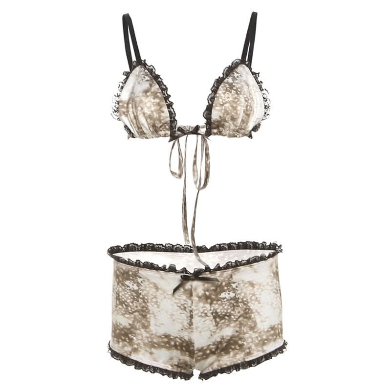 Chic Fawn Print Lace Lounge Set: Bralette & Boy Shorts for Fall Comfort