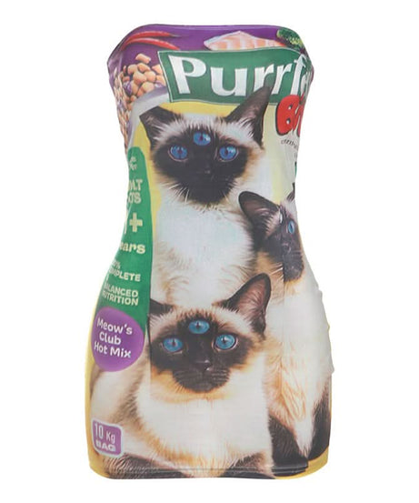 Purrfect 60 Three-Eyed Cat Food Bag Tube Mini Dress | Quirky Halloween & Fall Statement