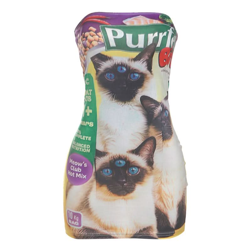 Purrfect 60 Three-Eyed Cat Food Bag Tube Mini Dress | Quirky Halloween & Fall Statement