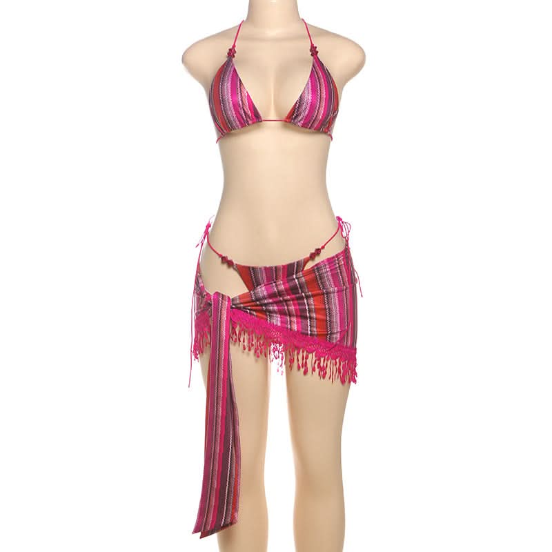 Escape The Cold: Chic Magenta Stripe 3-Piece Halter Bikini & Tassel Sarong Set