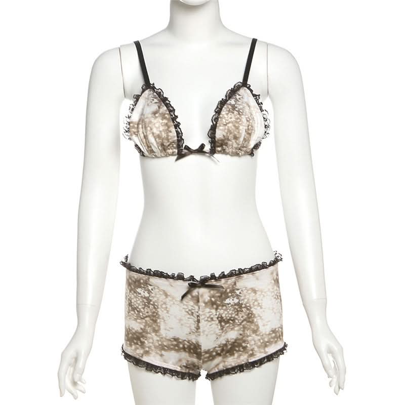 Chic Fawn Print Lace Lounge Set: Bralette & Boy Shorts for Fall Comfort