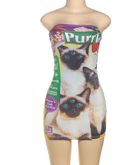 Purrfect 60 Three-Eyed Cat Food Bag Tube Mini Dress | Quirky Halloween & Fall Statement