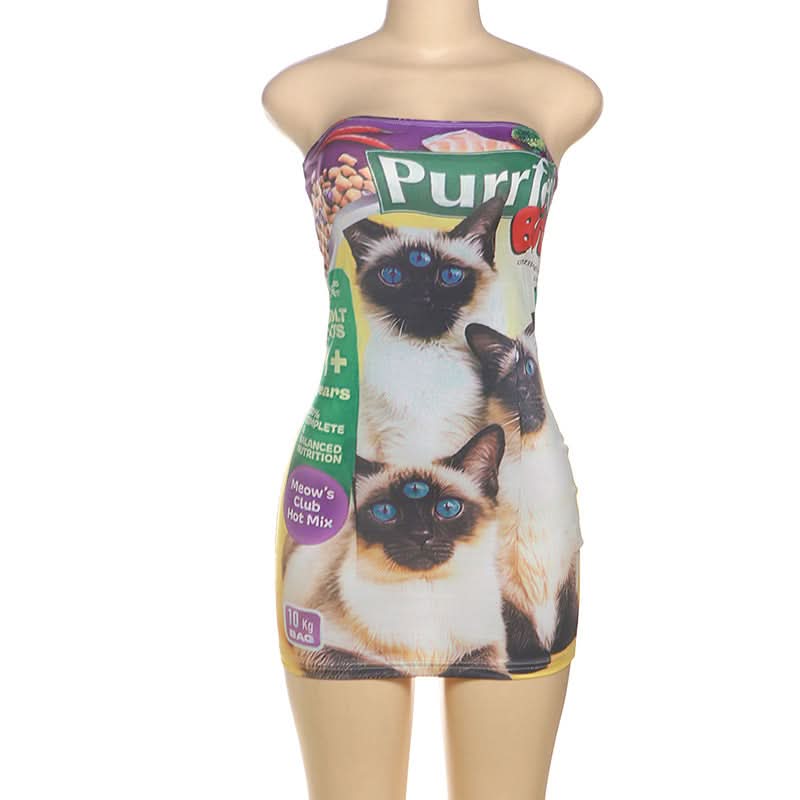 Purrfect 60 Three-Eyed Cat Food Bag Tube Mini Dress | Quirky Halloween & Fall Statement